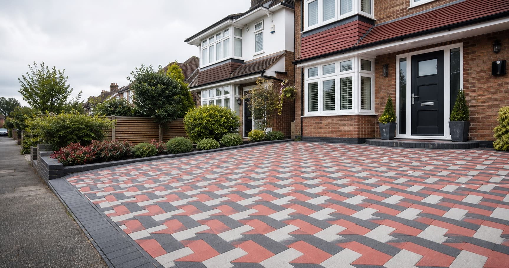 Red, charcoal and pale-grey interlocking paved driveway at a London home